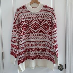 LOFT Fair Isle sweater. Mock neck, tunic length. Red and cream size L